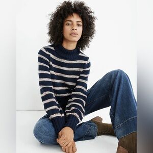 Madewell Blue Striped Balloon Knit Wool Blend Mock Neckline Sweater Size medium